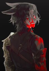 Rule 34 | 1boy, 42sai, animal ears, armor, black background, black hair, black shirt, blood, blood on clothes, blood on face, blood on neck, blood on teeth, character request, copyright request, evil smile, from behind, gauntlets, head tilt, highres, looking at viewer, male focus, medium hair, parted bangs, rabbit ears, red eyes, shirt, shoulder armor, smile, solo, teeth, upper body, wavy hair