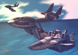 Rule 34 | aircraft, airplane, cloud, core fighter, dated, fighter jet, flying, gundam, highres, inori taimatsu, jet, mecha, military, military vehicle, no humans, ocean, robot, setter h926, signature, sky, vehicle, vehicle focus, victory gundam, victory gundam hexa
