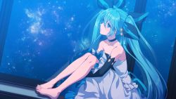 Rule 34 | 1girl, barefoot, black bow, black sleeves, blue eyes, blue hair, bow, choker, closed mouth, collarbone, dress, dutch angle, floating hair, from side, hair between eyes, hair bow, hair ornament, hatsune miku, highres, hugging own legs, jewelry, long hair, long sleeves, looking outside, matsuda toki, necklace, night, night sky, sitting, sitting in window, sky, sleeveless, sleeveless dress, solo, star (sky), star (symbol), star hair ornament, star necklace, starry sky, strapless, strapless dress, twintails, very long hair, vocaloid, white dress