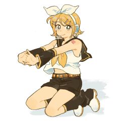 Rule 34 | 1girl, 2hyu 00, arm tattoo, black leg warmers, black sailor collar, black shorts, black sleeves, blonde hair, blue eyes, detached sleeves, full body, hair between eyes, hair ornament, hairclip, hashtag-only commentary, headphones, headset, highres, kagamine rin, leg warmers, neckerchief, own hands together, sailor collar, shirt, shoes, short hair, short shorts, shorts, sleeveless, sleeveless shirt, smile, solo, stretching, tattoo, vocaloid, white footwear, yellow neckerchief