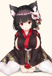 Rule 34 | 1girl, animal ear fluff, animal ears, azur lane, bad id, bad pixiv id, beige background, between legs, black hair, black kimono, blush, breasts, cat ears, cat mask, closed mouth, commentary request, haiba 09, hand between legs, head tilt, japanese clothes, kimono, large breasts, long sleeves, mask, mask on head, red eyes, short hair, short kimono, sideboob, simple background, sitting, smile, solo, thighhighs, wariza, white thighhighs, wide sleeves, yamashiro (azur lane)