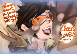 Rule 34 | 1girl, 4boys, brown hair, censored, gloves, goggles, group sex, head out of frame, hetero, highres, junajuice, looking at viewer, multiple boys, one eye closed, open mouth, overwatch, overwatch 1, penis, speech bubble, tongue, tracer (overwatch), v, wink