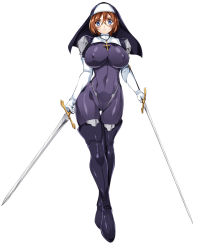 Rule 34 | 1girl, blue eyes, bodysuit, boots, breasts, brown hair, cameltoe, covered erect nipples, cross, crossed legs, dual wielding, elbow gloves, full body, glasses, gloves, habit, holding, jewelry, large breasts, looking at viewer, necklace, nun, original, short hair, skin tight, smash daisaku, solo, sword, thigh boots, thigh gap, thighhighs, watson cross, weapon