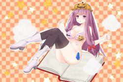 Rule 34 | 1girl, ass, bad id, bad pixiv id, black thighhighs, blank page, blush, book, bow, bra, breasts, checkered background, chestnut mouth, cleavage, cloud, collarbone, floating, hair bow, hands up, highres, long hair, open book, panties, parted lips, patchouli knowledge, platform footwear, pumpkin hat, purple eyes, purple hair, ribbon, sitting, solo, star (symbol), string panties, striped bra, striped clothes, surota, thighhighs, touhou, underwear, very long hair