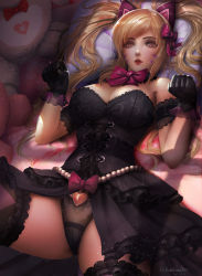 Rule 34 | 1girl, animal ears, animal print, beads, black cat d.va, black dress, black gloves, black panties, blonde hair, bow, breasts, brown eyes, cat ears, cat print, cleavage, commentary, corset, cowboy shot, d.va (overwatch), dated, dress, eyelashes, facepaint, facial mark, fake animal ears, gloves, hair bow, heart, highres, jewelry, lace, lace-trimmed panties, lace trim, long hair, looking at viewer, lying, medium breasts, official alternate costume, on back, overwatch, overwatch 1, panties, parted lips, paw pose, pillow, pink bow, puffy short sleeves, puffy sleeves, red lips, short sleeves, signature, solo, turewindwalker, twintails, underwear, whisker markings