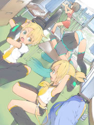 Rule 34 | 2boys, 3girls, akinbo (hyouka fuyou), alternate hairstyle, apartment, armpits, balcony, brother and sister, contortion, everyone, flexible, hatsune miku, kagamine len, kagamine rin, kaito (vocaloid), meiko (vocaloid), multiple boys, multiple girls, panties, siblings, sleeping, striped clothes, striped panties, thighhighs, top-down bottom-up, trembling, twins, underwear, vocaloid
