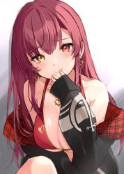Rule 34 | 1girl, bikini, black jacket, blush, breasts, cleavage, covering own mouth, earrings, hair down, hand over own mouth, heart, heart earrings, heart necklace, heterochromia, highres, hololive, houshou marine, houshou marine (summer), jacket, jewelry, large breasts, long hair, looking at viewer, necklace, off shoulder, official alternate costume, plaid, red eyes, red hair, simple background, sitting, sleeves past wrists, smile, solo, straight hair, swimsuit, teti, virtual youtuber, white background, yellow eyes