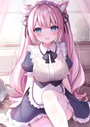 Rule 34 | 1girl, @ @, absurdres, animal ears, black ribbon, blue eyes, cat ears, frilled hairband, frills, hair ribbon, hairband, highres, komari mhy, long hair, looking at viewer, maid, maid headdress, moe2022, original, pink hair, puffy short sleeves, puffy sleeves, ribbon, see-through clothes, short sleeves, solo, tears, thighhighs, twintails, wet, wet clothes, white thighhighs, window