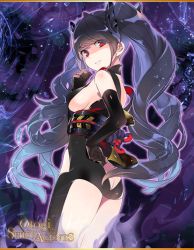Rule 34 | 1girl, black hair, gloves, kiya machi, long hair, looking at viewer, looking down, looking to the side, magatsuhi (otogi:spirit agents), official art, otogi:spirit agents, purple background, purple theme, red eyes, revealing clothes, second-party source, smile, solo, teeth, twintails, wavy hair