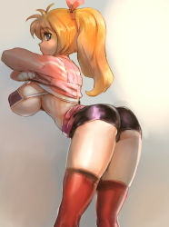 Rule 34 | 1girl, arched back, ass, bent over, blonde hair, bow, bow (bhp), breasts, clothes lift, hair bow, huge breasts, original, shirt lift, short shorts, shorts, sideboob, solo, thighhighs, undressing