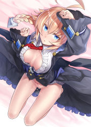 Rule 34 | 1girl, ahoge, black dress, blazblue, blonde hair, blue eyes, blush, braid, breasts, center frills, cleavage cutout, clothing cutout, collared shirt, dress, dress shirt, es (xblaze), frills, highres, huge ahoge, knees up, large breasts, long hair, long sleeves, looking at viewer, lying, necktie, no panties, on back, open clothes, open mouth, open shirt, orochi itto, pubic tattoo, red necktie, shirt, single braid, solo, tattoo, thighs, white shirt, xblaze, xblaze code: embryo