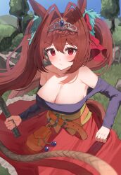 Rule 34 | 1girl, absurdres, animal ears, bare shoulders, blue shirt, blue sky, blush, breasts, brown hair, cleavage, commentary request, cosplay, daiwa scarlet (umamusume), dragon quest, grass, highres, holding, holding whip, horse ears, jessica albert, jessica albert (cosplay), large breasts, long hair, long sleeves, looking at viewer, off-shoulder shirt, off shoulder, outdoors, red eyes, red skirt, shirt, skirt, sky, solo, tiara, tree, twintails, umamusume, very long hair, yokawa nagi