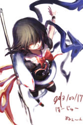 Rule 34 | 1girl, asymmetrical wings, benitama, black hair, bow, bowtie, center frills, dated, evil smile, frills, hair over one eye, houjuu nue, looking at viewer, polearm, red bow, red bowtie, red eyes, smile, snake, solo, touhou, trident, weapon, white snake, wings