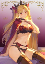 Rule 34 | 1girl, :o, arm support, blonde hair, blush, bow, bow bra, bow panties, bra, breasts, cape, choker, collarbone, earrings, ereshkigal (fate), fate/grand order, fate (series), floral print, garter belt, hair bow, highres, jewelry, long hair, looking at viewer, mashuu (neko no oyashiro), medium breasts, navel, panties, red bow, red eyes, sitting, solo, thighhighs, twintails, underwear, very long hair