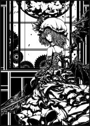 Rule 34 | 1girl, acryl, dress, frills, from behind, full moon, greyscale, hat, hat ribbon, looking at viewer, monochrome, moon, remilia scarlet, ribbon, spear the gungnir, touhou, wings