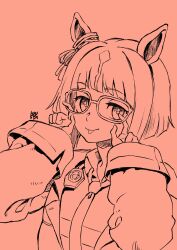Rule 34 | 1girl, animal ears, artist name, closed mouth, coat, collared shirt, ear ornament, glasses, hands up, highres, horse ears, ken-sya, lensless glasses, long sleeves, looking at viewer, monochrome, necktie, shirt, short hair, smile, solo, tongue, tongue out, transcend (umamusume), umamusume, upper body