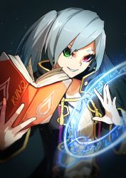 Rule 34 | 1girl, artist name, beige sweater, black background, black robe, blurry, book, casting spell, clenched teeth, collarbone, commentary, depth of field, english commentary, fire emblem, gold trim, green eyes, grey hair, heterochromia, highres, holding, holding book, kuno (runkunochan), long hair, magic, magic circle, nintendo, open book, parted lips, pink eyes, robe, robin (female) (fire emblem), robin (fire emblem), simple background, solo, teeth, twintails, upper body, wide sleeves, wizard
