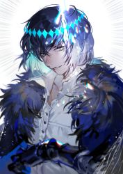 Rule 34 | 1boy, aqua hair, black gloves, blue eyes, blurry, bokyo, buttons, chromatic aberration, cloak, collarbone, collared shirt, colored inner hair, crown, depth of field, diamond hairband, fate/grand order, fate (series), fur-trimmed cloak, fur trim, gloves, highres, looking at viewer, male focus, multicolored hair, oberon (fate), oberon (third ascension) (fate), parted lips, purple hair, shirt, short hair, solo, spoilers, teeth, upper body, white shirt
