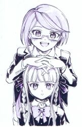 Rule 34 | 2girls, blazer, blunt bangs, blush stickers, bow, bowtie, braid, closed mouth, coattails, collared jacket, collared shirt, commentary request, danganronpa, danganronpa (series), danganronpa kirigiri, expressionless, eyelashes, fingernails, glasses, hair ribbon, hands on another&#039;s head, highres, interlocked fingers, jacket, kirigiri kyoko, layered sleeves, light frown, long hair, long sleeves, looking at viewer, multicolored hair, multiple girls, no+bi=, open clothes, open jacket, open mouth, own hands together, purple theme, ribbon, samidare yui, shirt, short hair, sidelocks, simple background, smile, straight-on, straight hair, streaked hair, teeth, traditional media, twin braids, upper body, upper teeth only, vest, white background