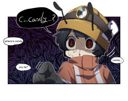 Rule 34 | 4koma, activity ant (gomulgong), ant girl, antennae, black gloves, black hair, border, card, comic, english text, gloves, gomulgong, hand up, helmet, high collar, looking at viewer, no nose, original, parted lips, portrait, red eyes, short hair, speech bubble, sweat, white border