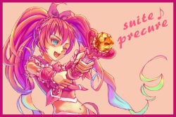 Rule 34 | 10s, 1girl, ;d, aqua eyes, bad id, bad pixiv id, border, bow, braid, copyright name, cure melody, frills, hairband, houjou hibiki, long hair, magical girl, midriff, musical note, navel, one eye closed, open mouth, pink background, pink border, pink bow, pink hair, pink theme, potepote, precure, quaver, smile, solo, staff, suite precure, twintails, wink