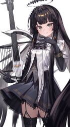 Rule 34 | 1girl, absurdly long hair, absurdres, ahoge, antenna hair, arknights, ascot, belt, belt buckle, black ascot, black bustier, black eyes, black garter straps, black gloves, black hair, black halo, black skirt, black thighhighs, black wings, blunt bangs, breasts, broken halo, buckle, bustier, buttons, cello, chinese commentary, collared jacket, commentary request, cowboy shot, dark halo, detached wings, dress shirt, energy wings, garter straps, gloves, grey shirt, halo, hand to own mouth, hand up, highres, hime cut, holding, holding instrument, holding violin, instrument, jacket, light blush, light smile, long hair, long sleeves, looking at viewer, medium breasts, miniskirt, mole, mole under eye, pleated skirt, shirt, short-sleeved jacket, short sleeves, sidelocks, simple background, skirt, solo, standing, thighhighs, very long hair, violin, virtuosa (arknights), white background, white belt, white jacket, wide sleeves, wings, zettai ryouiki, zhengqi zhizi sg