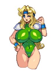 Rule 34 | 1girl, blonde hair, blue eyes, breasts, celes chere, covered erect nipples, covered navel, final fantasy, final fantasy vi, green leotard, headband, large breasts, leotard, long hair, looking at viewer, nipples, one eye closed, open mouth, pixel art, pointing, pointing at self, shoulder pads, smile, solo, thumbs up, yumura kino