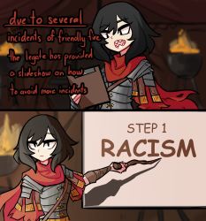 Rule 34 | 1girl, 2koma, absurdres, armor, blurry, blurry background, cape, centurii-chan (artist), comic, comic sans, english text, fire, greco-roman clothes, highres, holding, holding stick, indoors, legionary (centurii-chan), medium hair, meme, open mouth, original, red cape, roman clothes, sharp teeth, short sleeves, shoulder armor, stick, teeth, upper body