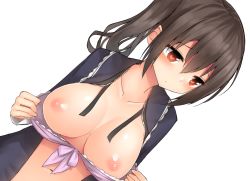 Rule 34 | 1girl, blush, bra, bra pull, breasts, breasts out, brown hair, clothes pull, collarbone, large breasts, long hair, looking to the side, mizushina minato, navel, nipples, original, ponytail, purple bra, red eyes, side ponytail, simple background, solo, source request, underwear, upper body, white background