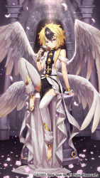 Rule 34 | 1boy, angel wings, bare shoulders, black hair, blonde hair, commentary request, copyright name, copyright request, feathered wings, flower, gabiran, holding, holding flower, looking at viewer, male focus, multiple wings, official art, purple eyes, rose, sleeveless, solo, thighhighs, white flower, white rose, white thighhighs, wings