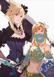 Rule 34 | 2boys, arabian clothes, blonde hair, blue dress, blue eyes, bow, braid, buster sword, circlet, cloud strife, crossdressing, crossover, detached sleeves, dress, final fantasy, final fantasy vii, final fantasy vii remake, green shirt, hair between eyes, hair bow, hairband, highres, holding, holding shield, holding sword, holding weapon, hylian shield, link, mask, midriff, mouth veil, multiple boys, navel, nintendo, over shoulder, parted bangs, puffy short sleeves, puffy sleeves, shield, shirt, short sleeves, spiked hair, square enix, sword, the legend of zelda, the legend of zelda: breath of the wild, trait connection, twin braids, upper body, veil, wall market, weapon, weapon over shoulder, white background, yyu pu