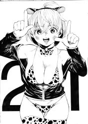Rule 34 | 1girl, 2021, absurdres, animal ears, animal print, bare shoulders, bikini, black jacket, blush, breasts, chinese zodiac, cleavage, cow ears, cow print, fake animal ears, gagaimo, greyscale, hands up, highres, index finger raised, jacket, looking at viewer, medium breasts, monochrome, new year, off shoulder, open mouth, original, print bikini, print thighhighs, short hair, simple background, smile, solo, swimsuit, thighhighs, traditional media, white background, white hair, year of the ox