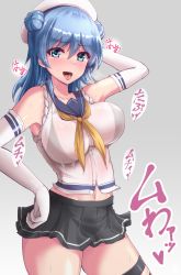 Rule 34 | 1girl, beret, black bra, blue eyes, blue hair, blush, bra, breasts, commentary request, dated, double bun, elbow gloves, gloves, grey background, hair between eyes, hair bun, hand on own head, hand on own hip, hat, heart, heart-shaped pupils, highres, kantai collection, kihou no gotoku dmc, large breasts, long hair, looking at viewer, navel, neckerchief, open mouth, pleated skirt, sailor hat, school uniform, see-through, serafuku, sidelocks, signature, skirt, sleeves rolled up, smile, socks, solo, sweatdrop, symbol-shaped pupils, tareme, tongue, tongue out, underwear, urakaze (kancolle), wet, wet clothes, white gloves, white hat, white socks, yellow neckerchief