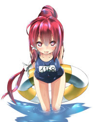 Rule 34 | 10s, 1girl, :p, arms behind back, blush, hair ribbon, highres, i-168 (kancolle), innertube, kantai collection, leaning forward, long hair, looking at viewer, name tag, one-piece swimsuit, personification, ponytail, red eyes, red hair, ribbon, school swimsuit, school uniform, serafuku, solo, sweatdrop, swim ring, swimsuit, tongue, tongue out, unomi, wading, water, wet