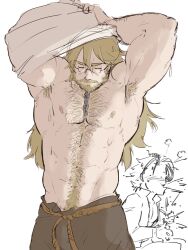 Rule 34 | 2boys, abs, armpits, arms up, beard, blonde hair, brown pants, bulge, chain, changing clothes, chest hair, closed eyes, commentary, doodle inset, english commentary, facial hair, highres, male focus, multiple boys, muscular, muscular male, mustache, nipples, octopath traveler, octopath traveler ii, osvald v. vanstein, pants, partitio yellowil, pectorals, piikeisandaa, round eyewear, shirt, surprised, topless male, undressing, white background, white shirt