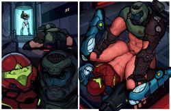Rule 34 | 1boy, 1girl, absurdres, angry, arm cannon, armor, clothed sex, crossover, dolekat, doom (series), doom eternal, doomguy, eyes visible through headwear, hands on another&#039;s thighs, helmet, highres, instant loss, legs up, metroid, metroid dread, missionary, muscular, muscular female, muscular male, nintendo, orgasm, samus aran, sex, thick eyebrows, uncensored, weapon