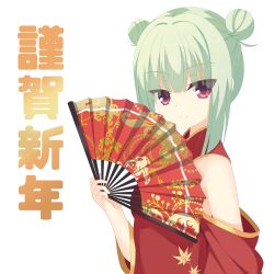 Rule 34 | 1girl, absurdres, alternate costume, alternate hairstyle, blunt bangs, blunt ends, china dress, chinese clothes, chinese zodiac, closed mouth, commentary request, double bun, dragon print, dress, eyes visible through hair, folding fan, green hair, hair bun, hand fan, happy new year, highres, holding, holding fan, kaon zz, leaf print, looking at viewer, murasame (senren), new year, red dress, red eyes, senren banka, simple background, smile, solo, split mouth, upper body, white background, wide sleeves, year of the dragon