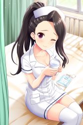 Rule 34 | 1girl, absurdres, alternative girls, black hair, breasts, cleavage, closed mouth, cup, dress, hat, highres, holding, holding cup, indoors, long hair, looking at viewer, nurse, nurse cap, official art, on bed, one eye closed, ponytail, purple eyes, saionji rei, short dress, sitting, solo, water, white dress, white hat, white legwear