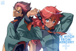 Rule 34 | 1boy, 1girl, asticassia school uniform, blue eyes, character request, copyright name, english text, green jacket, gundam, gundam suisei no majo, jacket, long sleeves, looking at viewer, looking back, necktie, pairan, red hair, school uniform, smile, suletta mercury, white background, yellow necktie