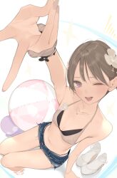 Rule 34 | 1girl, absurdres, ama mitsuki, ball, beachball, bikini, blue shorts, breasts, brown hair, brown scrunchie, collarbone, commentary, denim, flower, gyaru v, hair flower, hair ornament, halterneck, highres, jewelry, looking at viewer, navel, necklace, one eye closed, open mouth, original, purple eyes, scrunchie, short hair, shorts, small breasts, solo, stomach, swimsuit, teeth, upper teeth only, v, wrist scrunchie