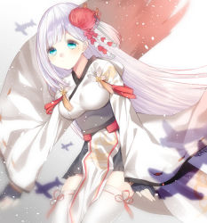 Rule 34 | 1girl, absurdres, azur lane, blue eyes, blush, breasts, closed mouth, collarbone, commentary request, hair ornament, highres, japanese clothes, kimono, large breasts, long hair, looking at viewer, mole, mole under eye, shoukaku (azur lane), silver hair, smile, solo, usagibuchi, wide sleeves