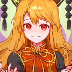 Rule 34 | 1girl, aura, black dress, black hat, black sleeves, blonde hair, bow, chinese clothes, closed mouth, crescent, dress, energy, green background, hair between eyes, hands up, hat, highres, junko (touhou), long sleeves, looking at viewer, mujiga, pom pom (clothes), red eyes, red vest, simple background, smile, solo, teeth, touhou, upper body, vest, yellow bow, yellow neckwear