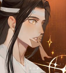 Rule 34 | 1boy, artist name, black hair, blush, chinese clothes, commentary, english commentary, gradient background, hanfu, headband, highres, lan wangji, long hair, modao zushi, open mouth, paper doll, parted hair, portrait, retiredpeach, sparkle, white hanfu, white headband, wide-eyed, yellow eyes