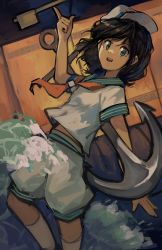 Rule 34 | 1girl, absurdres, anchor, anchor symbol, black hair, cropped legs, hat, highres, kornod, murasa minamitsu, open mouth, pointing, sailor collar, sailor hat, sailor shirt, shirt, short hair, shorts, smile, socks, solo, stomach, touhou, water