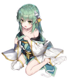 Rule 34 | 1girl, aged down, alternate breast size, bare legs, barefoot, collarbone, commentary request, crossed bangs, fate/grand order, fate (series), flat chest, full body, green eyes, green hair, hair between eyes, highres, holding, holding clothes, horns, katoroku, kiyohime (fate), long hair, looking at viewer, off shoulder, open mouth, simple background, single thighhigh, sitting, solo, straight hair, thighhighs, twitter username, white background, white thighhighs