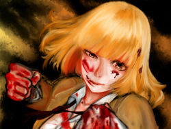 Rule 34 | 10s, 1girl, artist request, blonde hair, blood, blood on face, blood on clothes, blood on hands, clothes grab, commentary request, highres, midorikawa hana, prison school, short hair, solo, yandere