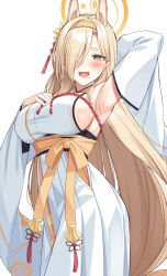 Rule 34 | 1girl, animal ears, armpits, blonde hair, blue archive, breasts, detached sleeves, eyes visible through hair, hair over one eye, hairband, halo, hand on own chest, highres, japanese clothes, kaho (blue archive), kimono, large breasts, long hair, looking at viewer, open mouth, orange hairband, sideboob, solo, super nagoyaka, sweat, very long hair, white kimono, white sleeves, yellow eyes
