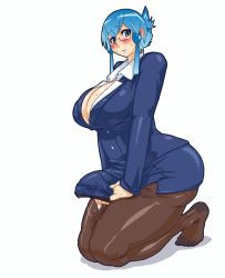 Rule 34 | 1girl, animated, animated gif, blue eyes, blue hair, blush, breasts, bulge, business suit, cleavage, cum, cum in clothes, cum through clothes, developing erection, ejaculation, ejaculation under clothes, erection, erection under clothes, formal, futanari, glasses, handsfree ejaculation, huge penis, large breasts, nezunezu, no bra, pantyhose, penis, simple background, solo, suit, sweat, twitching, twitching penis, white background