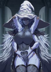 Rule 34 | 1girl, absurdres, alternate breast size, armpits, arms behind head, black leotard, blue eyes, blue hair, blue skin, breasts, cameltoe, cloak, closed mouth, colored skin, covered navel, cracked skin, doll joints, elden ring, extra arms, fur cloak, gluteal fold, grey thighhighs, hat, heart, heart hands, highres, joints, large breasts, leotard, medium hair, one eye closed, pubic tattoo, ranni the witch, solo, tattoo, thighhighs, torahime (roland00), white hat, witch, witch hat