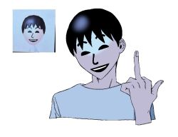 Rule 34 | 1boy, black hair, closed eyes, commentary, cropped shoulders, facing viewer, hand up, head tilt, jaggy lines, male focus, middle finger, mii (nintendo), nintendo, open mouth, original, photo inset, raised eyebrows, reference inset, shirt, short hair, smile, solo, takushi (taxi739), white background, white shirt